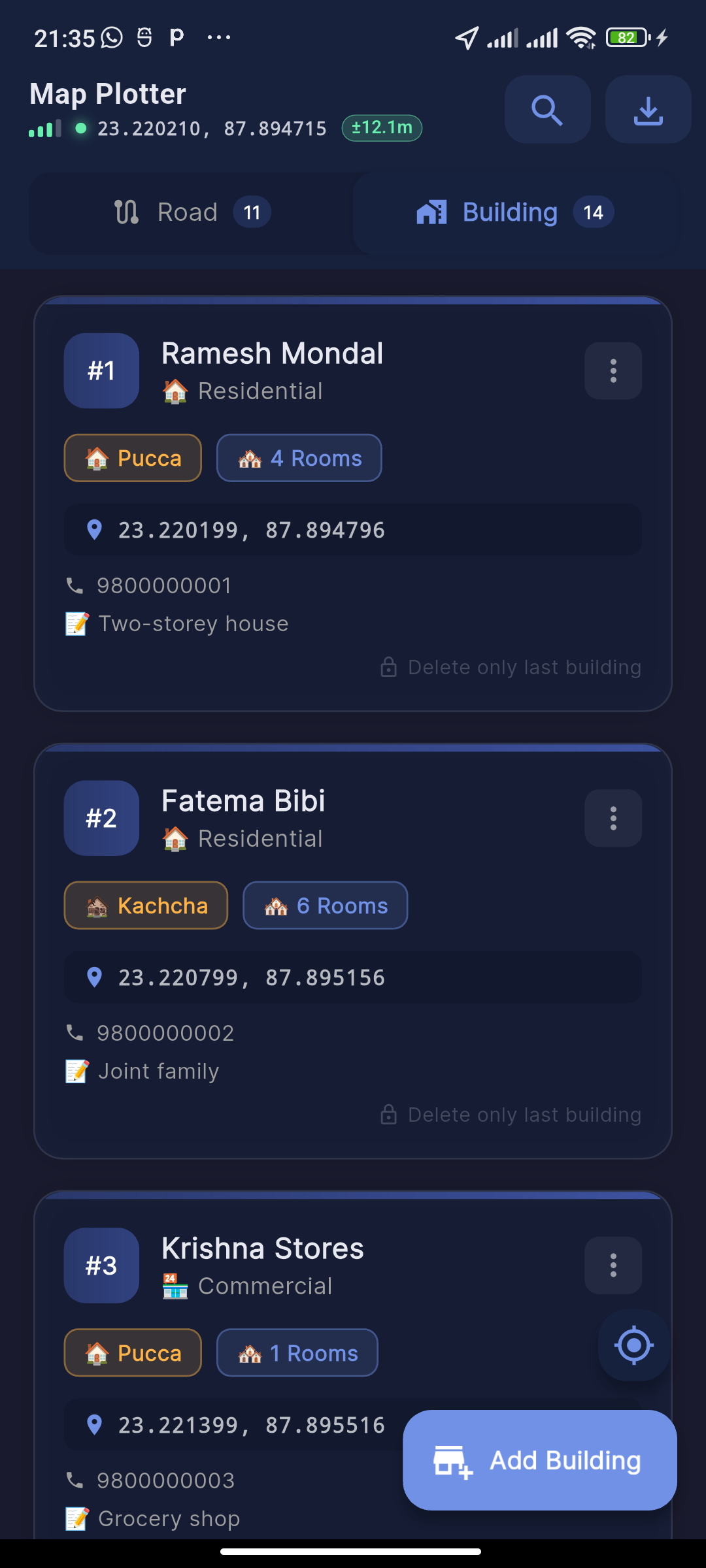 Buildings list showing structure type, use, and contact details