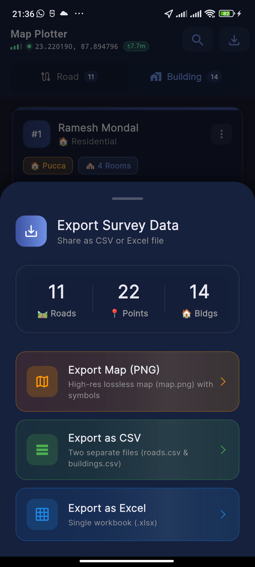 Export Survey Data sheet with CSV, Excel, and map.png options