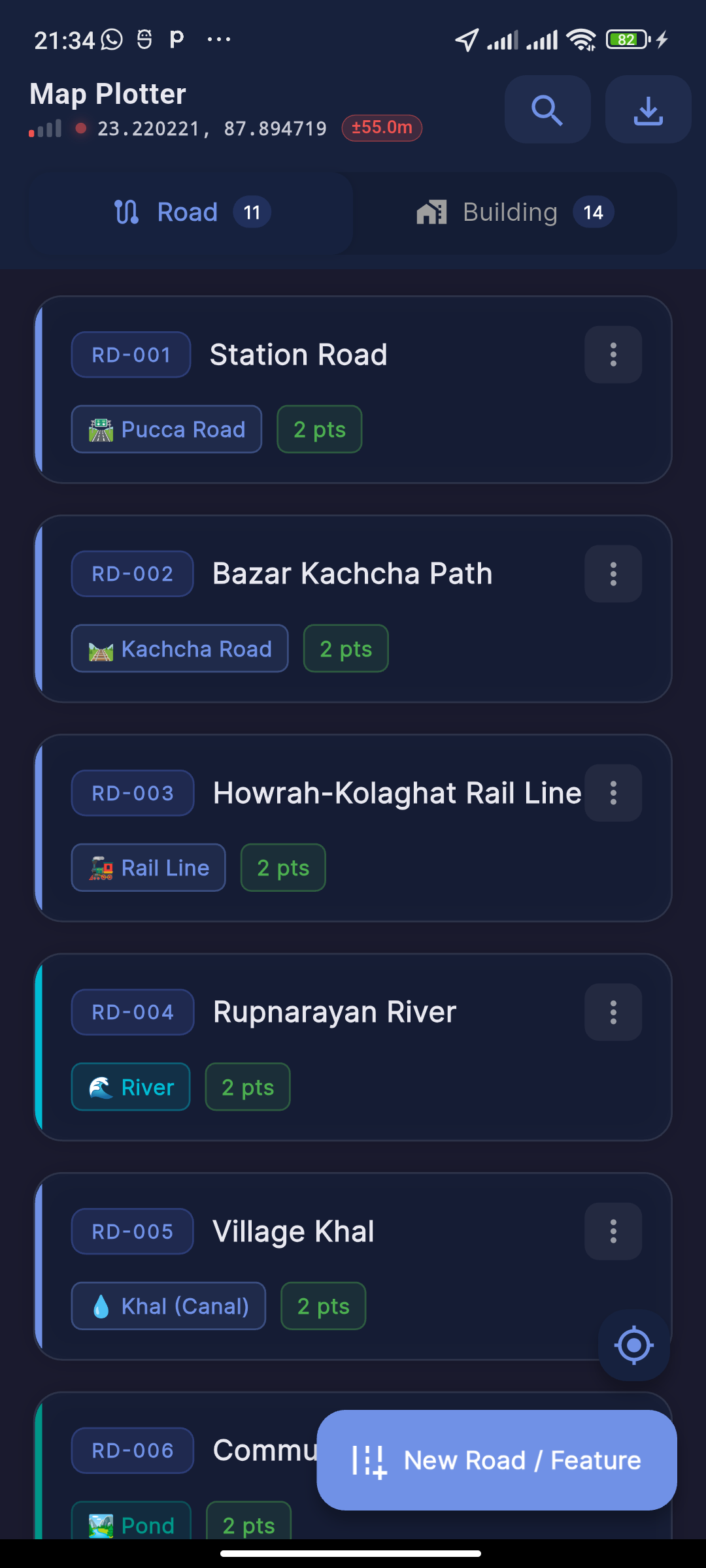 Roads list showing recorded roads with type and GPS point counts